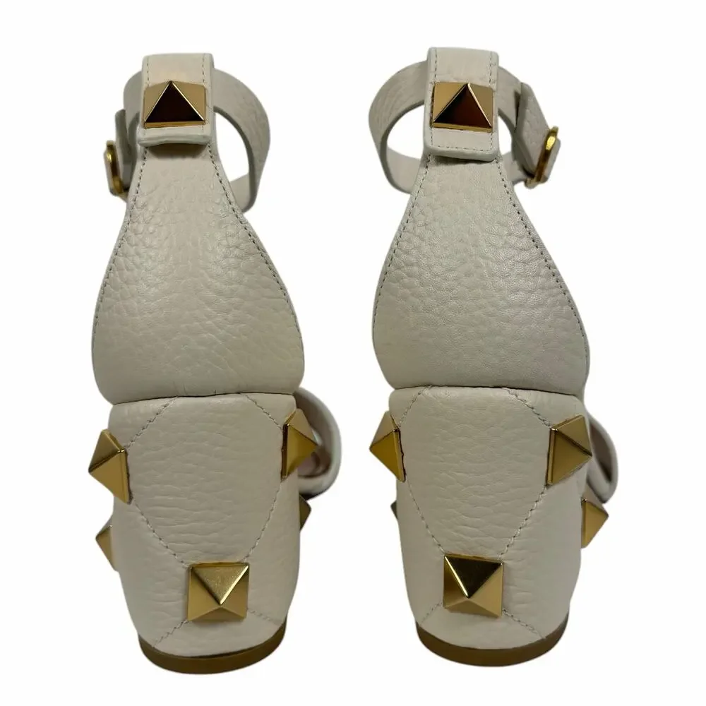 Valentino Garavani 75 Roman Stud Heel Leather Sandal Ivory Size 37.5